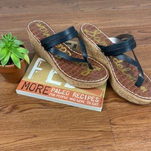 Sam Edelman Rasha Size 9.5 Platform Cork Wedges Black Leather Sandals